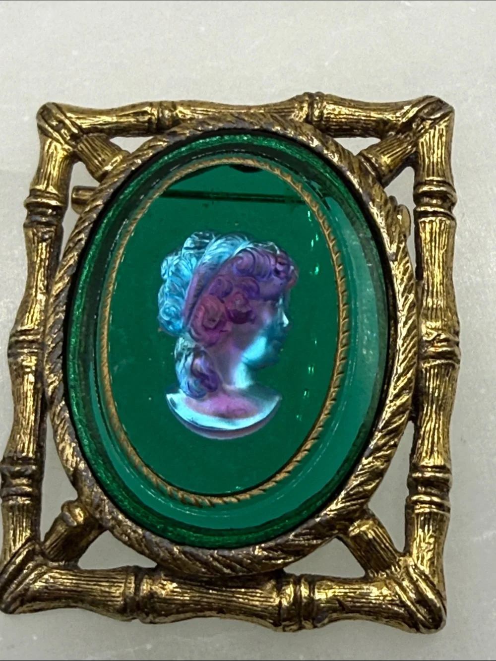 Vintage Green Glass Cameo Brooch with Gold Frame intaglio pin